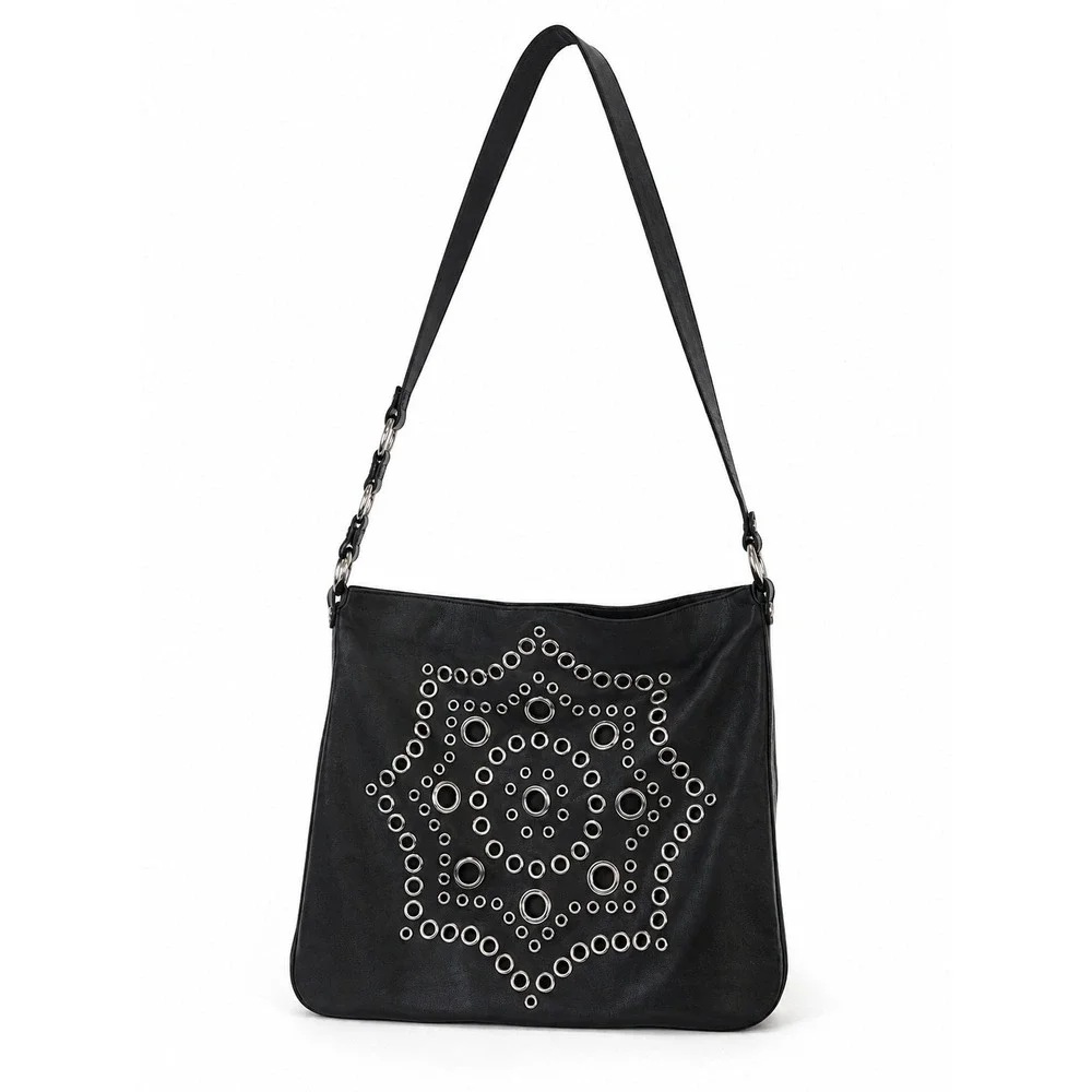 Nordstrom Black Genuine Leather Grommet Hobo Shoulder Bag Made in Italy